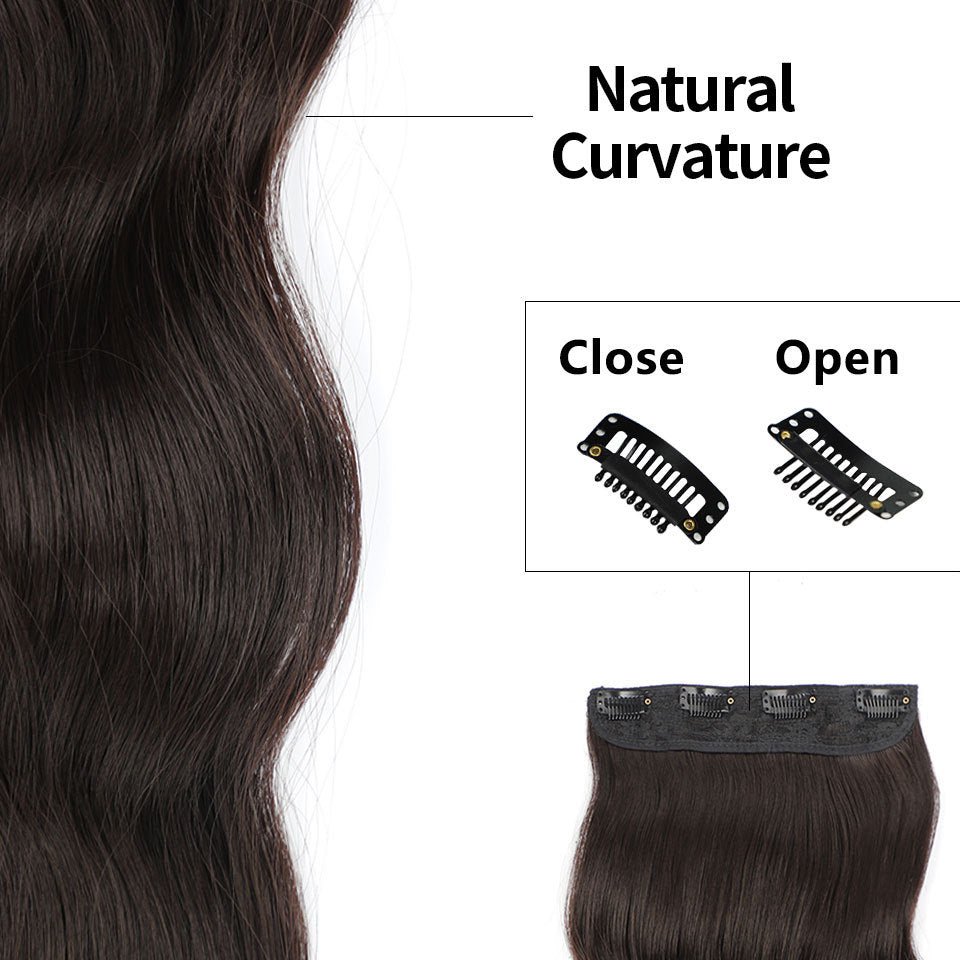 Dark brown water wave clip-in hair extensions, 4-piece set showing clip open/close detail.