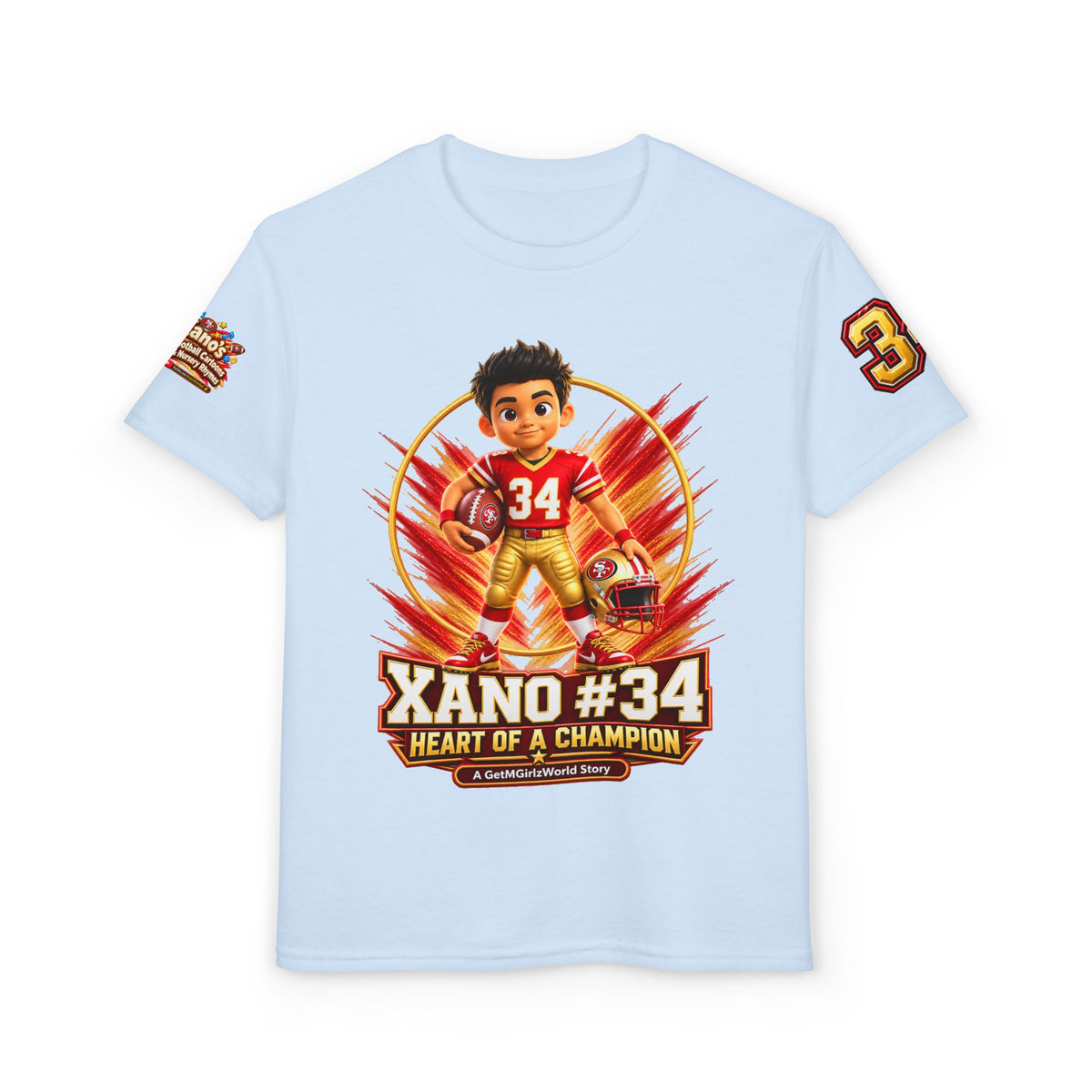 Youth Football Kid's T Shirt — "Xano #34: Heart of a Champion" Kids Tee