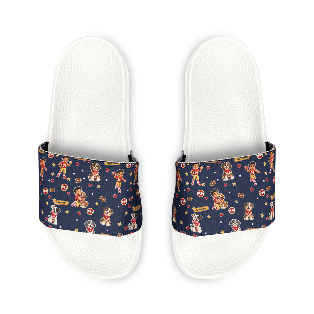 Youth Slides — Navy Football and Puppy Pattern Removable-Strap Sandals