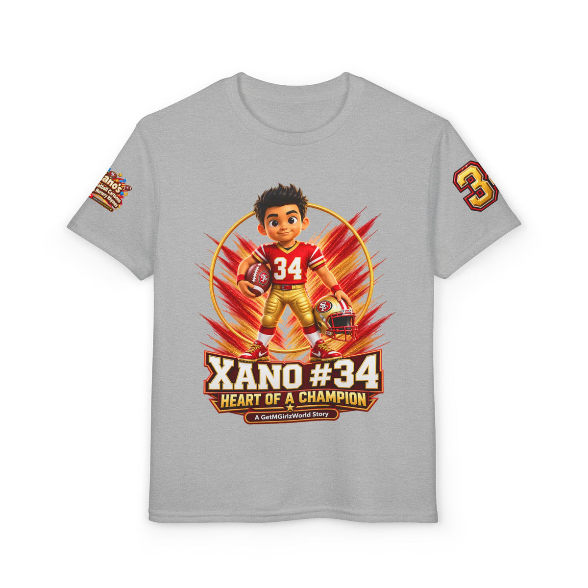 Youth Football Kid's T Shirt — "Xano #34: Heart of a Champion" Kids Tee