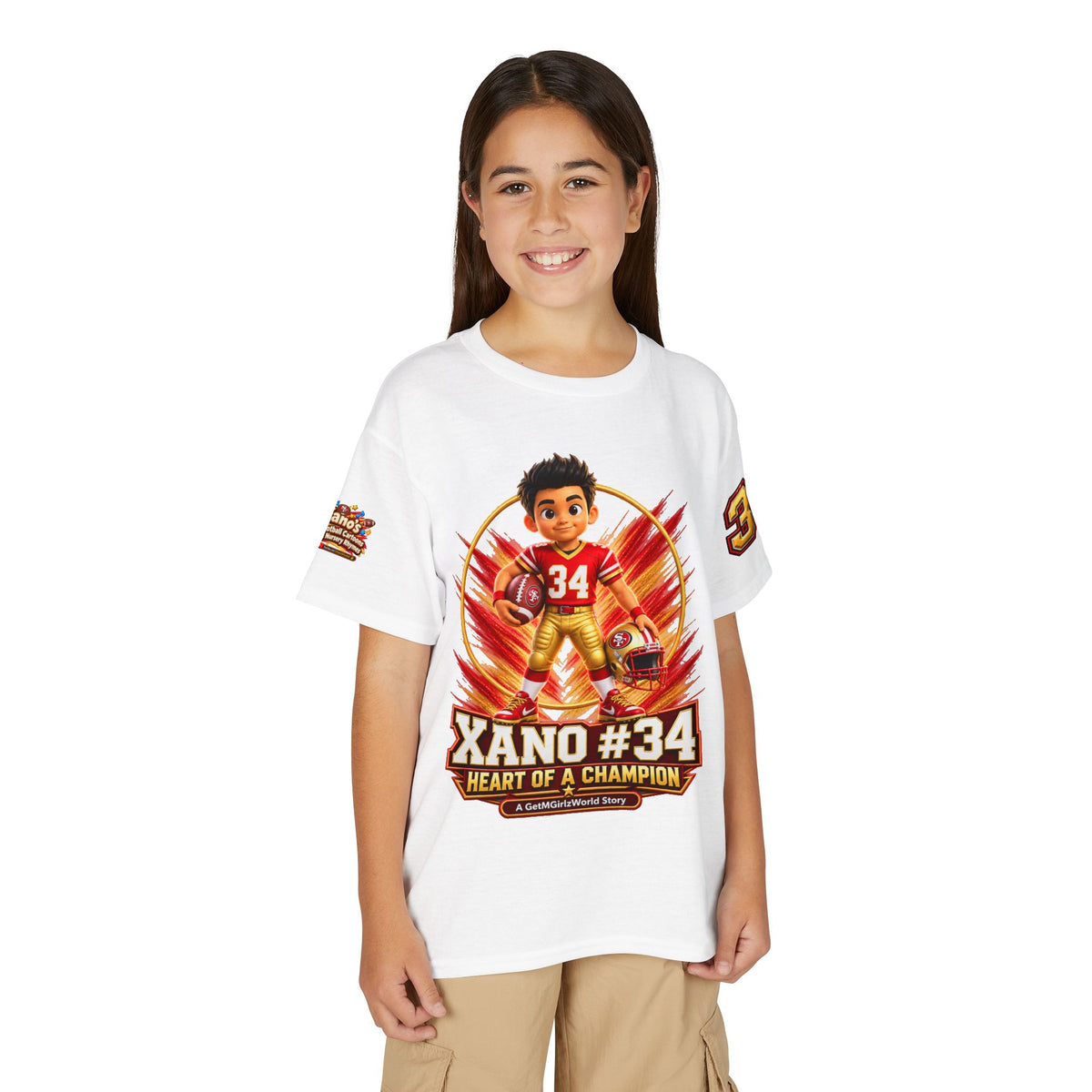 Youth Football Kid's T Shirt — "Xano #34: Heart of a Champion" Kids Tee