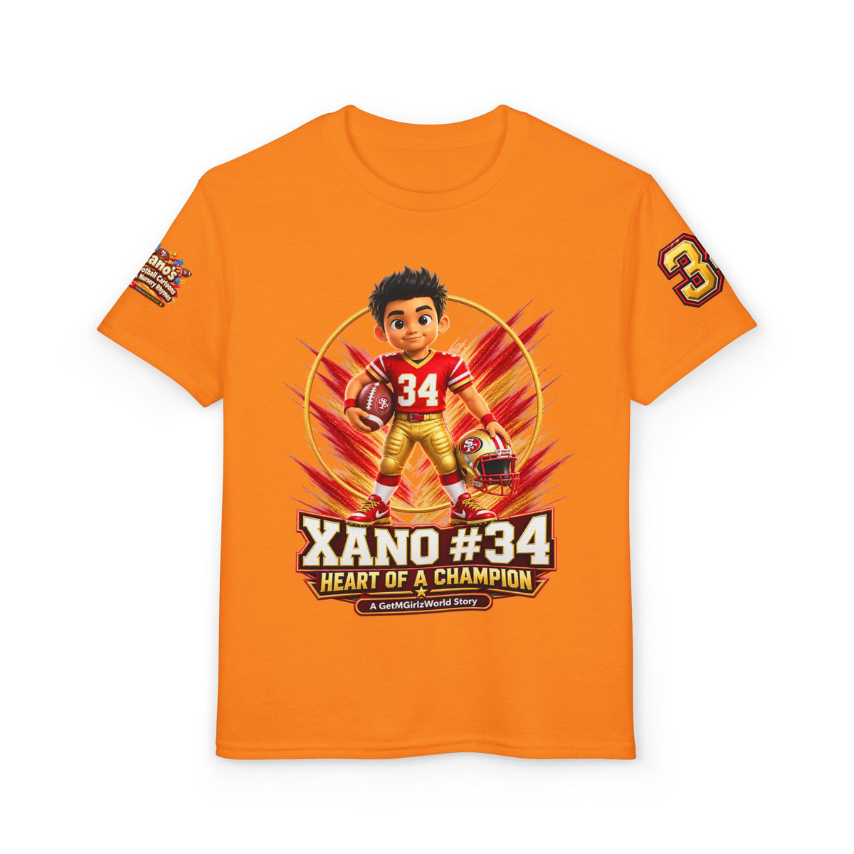 Youth Football Kid's T Shirt — "Xano #34: Heart of a Champion" Kids Tee
