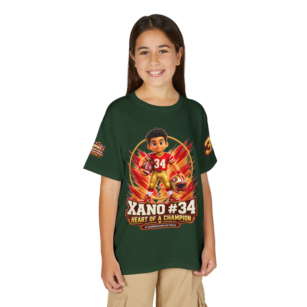 Youth Football Kid's T Shirt — "Xano #34: Heart of a Champion" Kids Tee