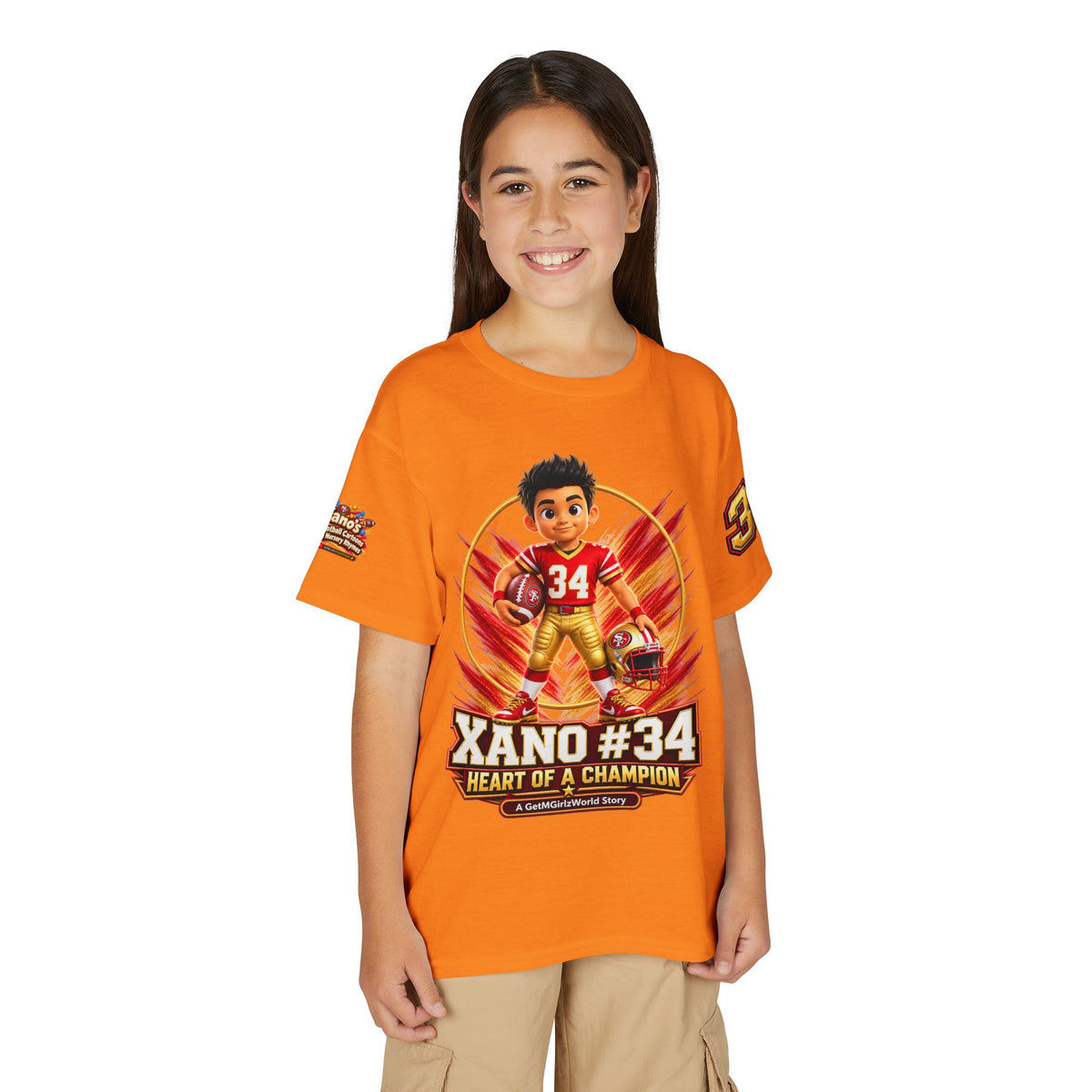 Youth Football Kid's T Shirt — "Xano #34: Heart of a Champion" Kids Tee