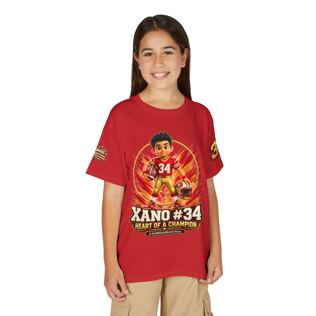 Youth Football Kid's T Shirt — "Xano #34: Heart of a Champion" Kids Tee