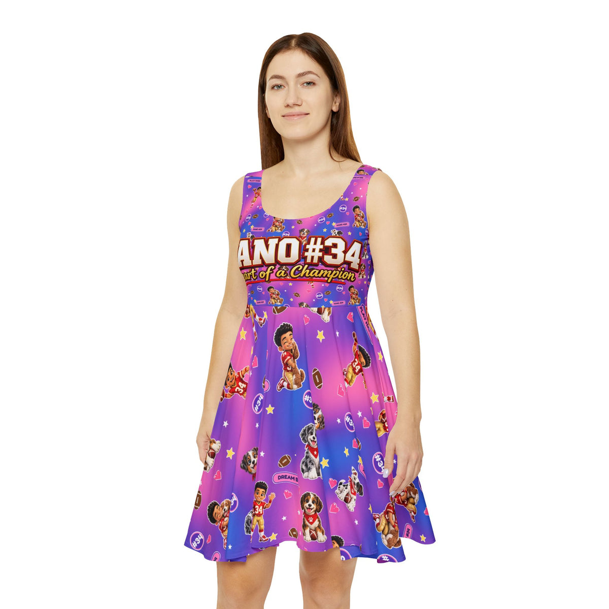 XANO #34 "Heart of a Champion" Women's Skater Dress — Vibrant Gamer/Cartoon Print