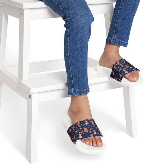 Youth Slides — Navy Football and Puppy Pattern Removable-Strap Sandals