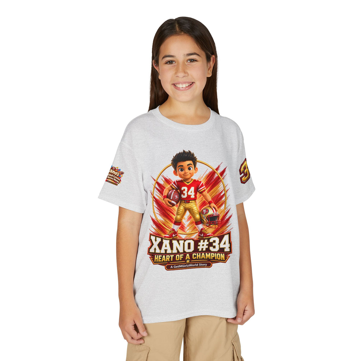 Youth Football Kid's T Shirt — "Xano #34: Heart of a Champion" Kids Tee