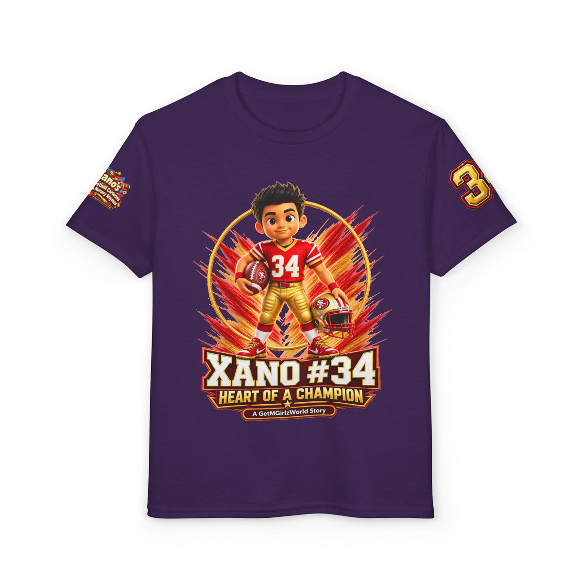 Youth Football Kid's T Shirt — "Xano #34: Heart of a Champion" Kids Tee