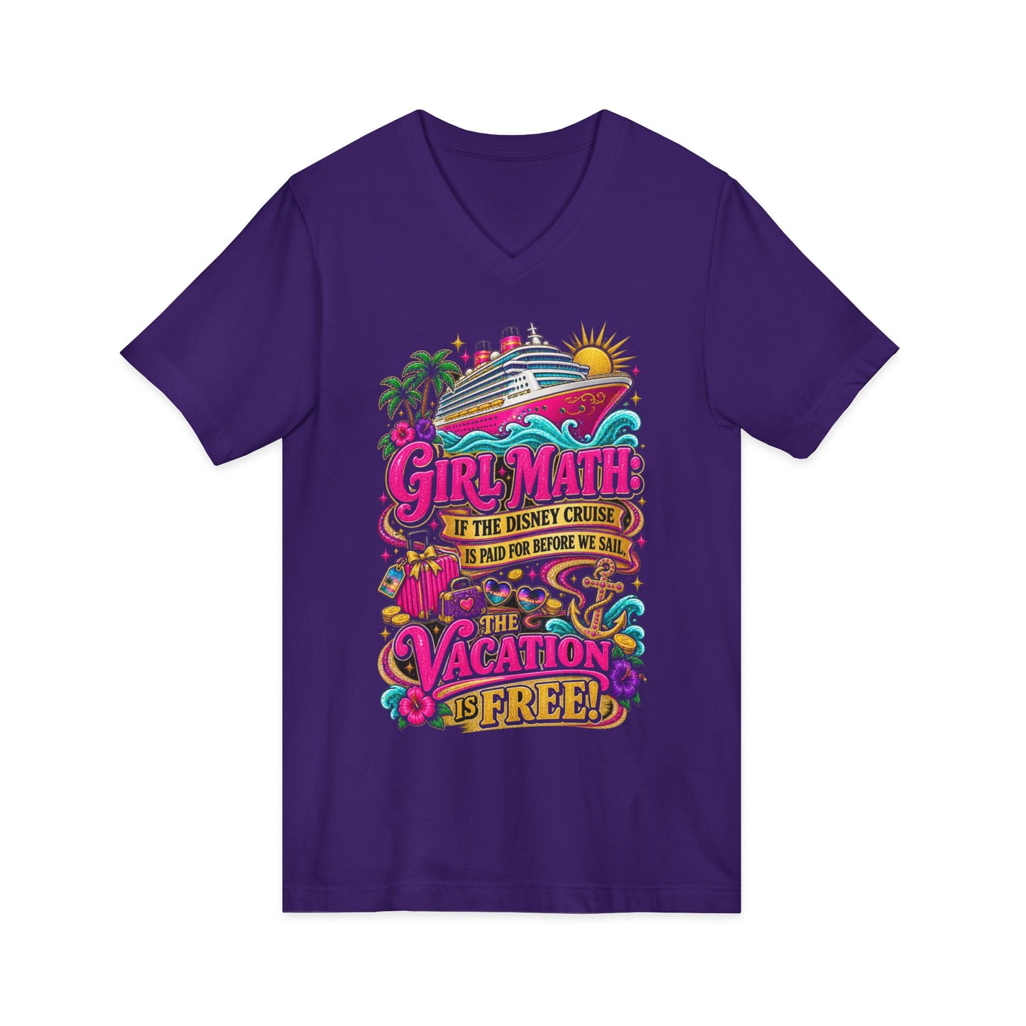 Cruise Vacation V-Neck Tee — "Girl Math" & "Sail Now" Graphic Shirt