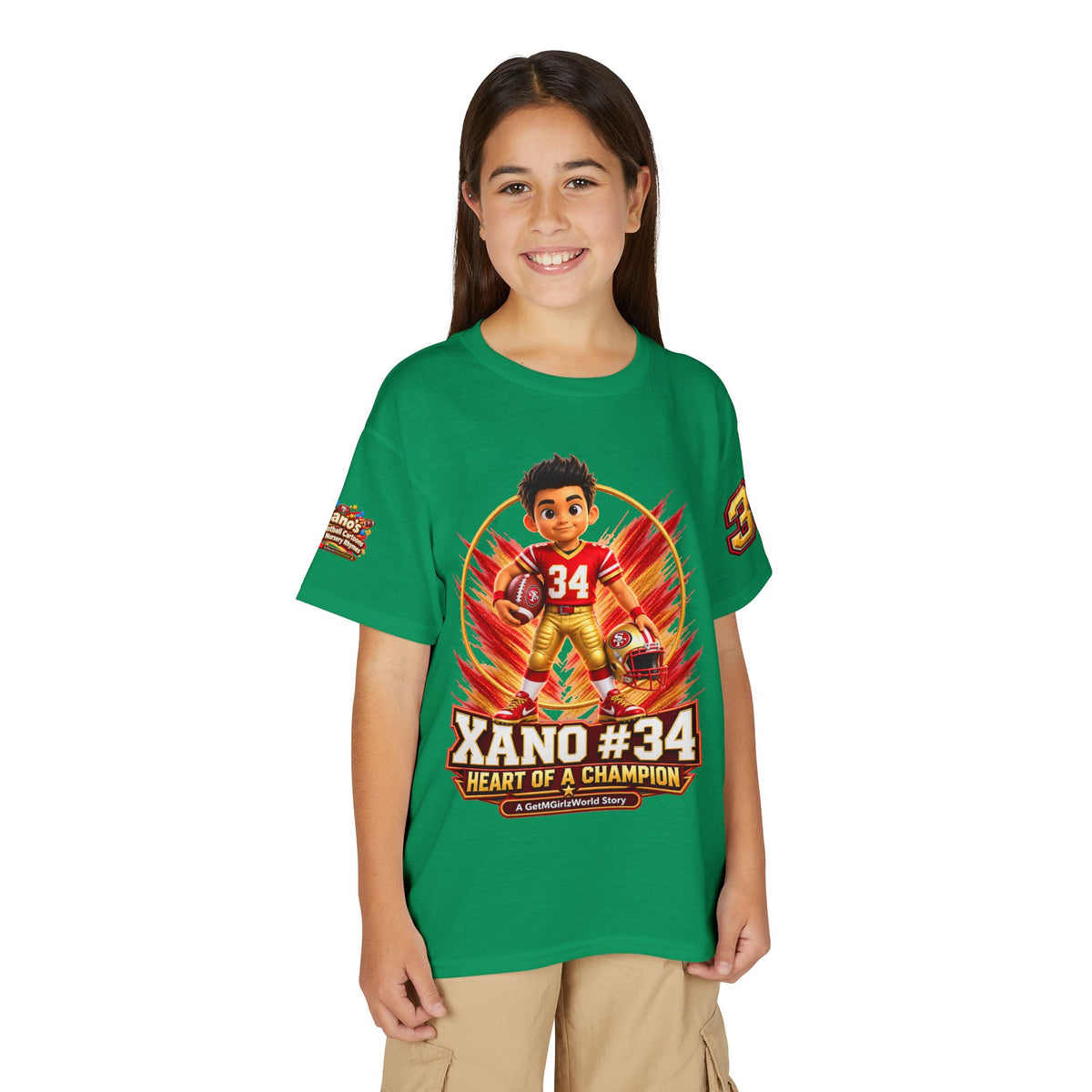 Youth Football Kid's T Shirt — "Xano #34: Heart of a Champion" Kids Tee