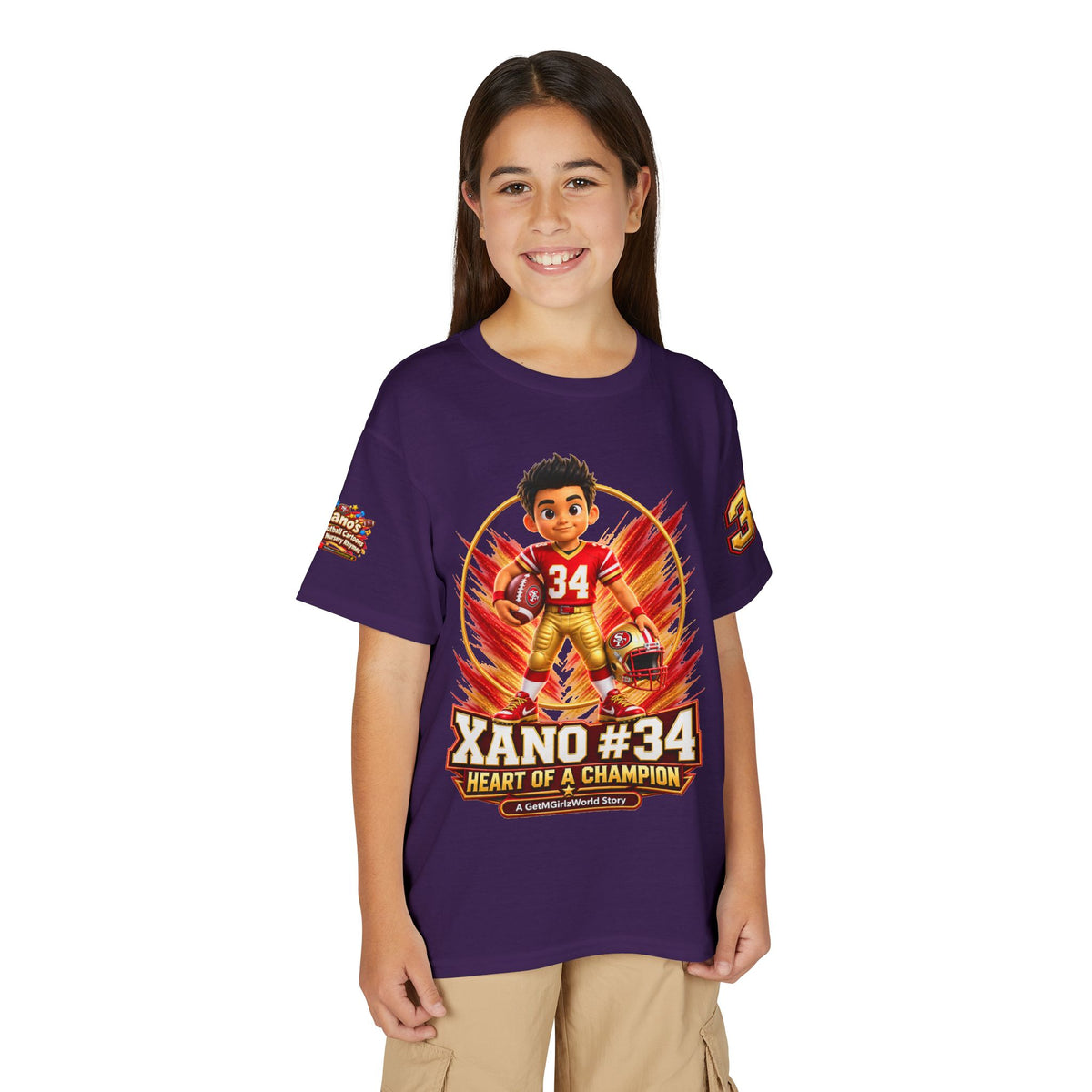 Youth Football Kid's T Shirt — "Xano #34: Heart of a Champion" Kids Tee