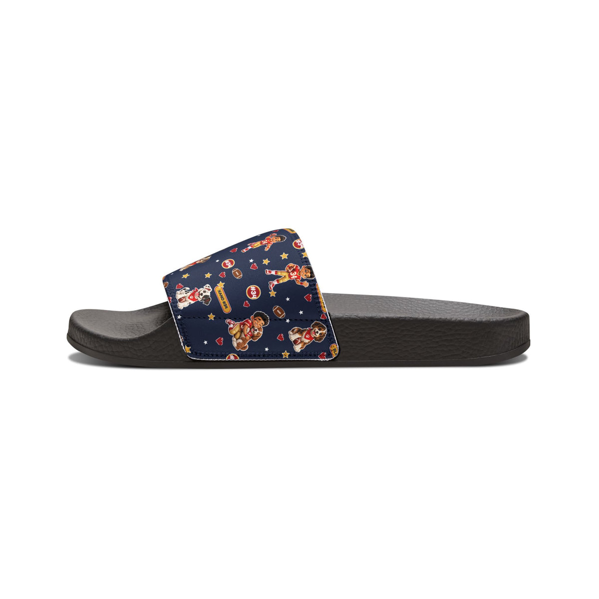Youth Slides — Navy Football and Puppy Pattern Removable-Strap Sandals