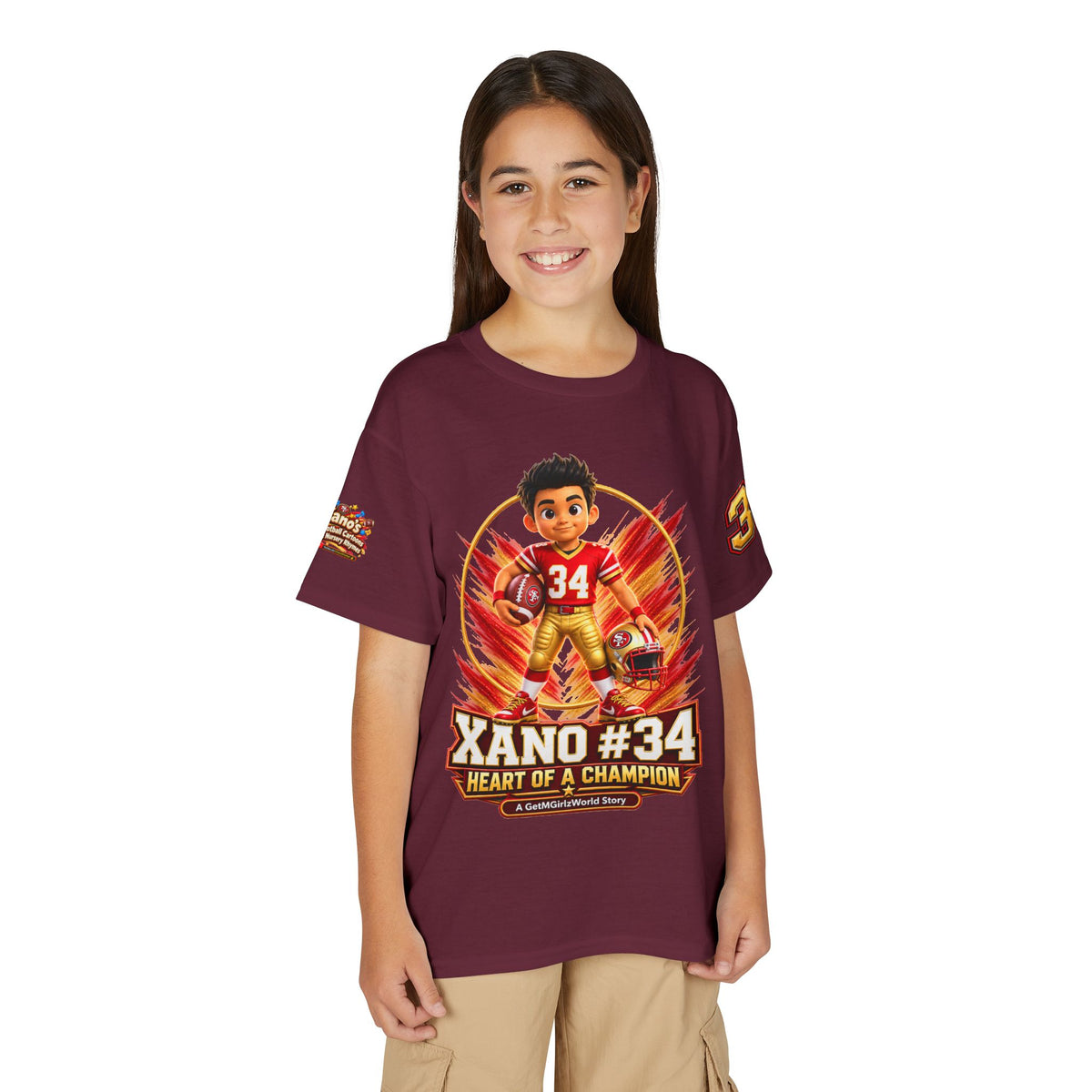Youth Football Kid's T Shirt — "Xano #34: Heart of a Champion" Kids Tee