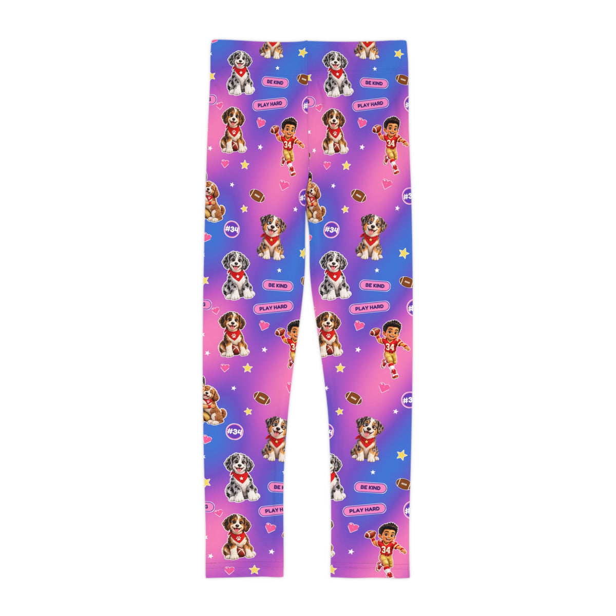 Kids Leggings — Colorful Cartoon Puppy & Girl All-Over Print (Pink to Purple Gradient)