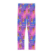 Kids Leggings — Colorful Cartoon Puppy & Girl All-Over Print (Pink to Purple Gradient)