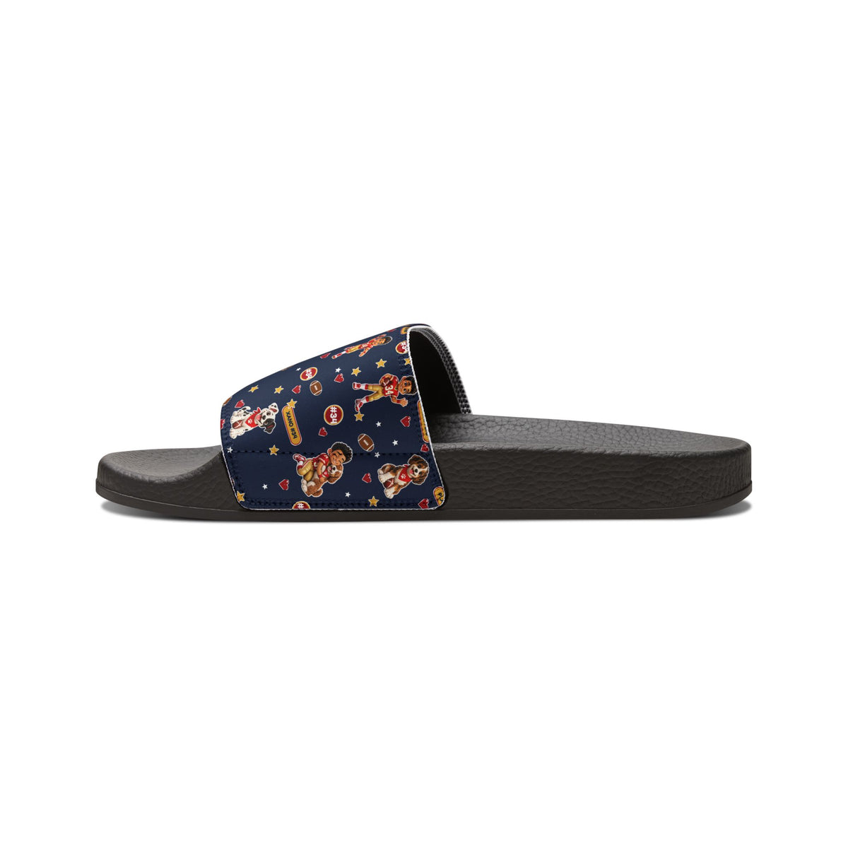 Youth Slides — Navy Football and Puppy Pattern Removable-Strap Sandals