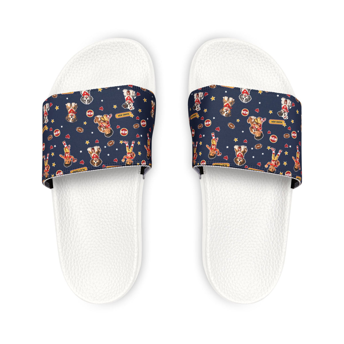 Youth Slides — Navy Football and Puppy Pattern Removable-Strap Sandals