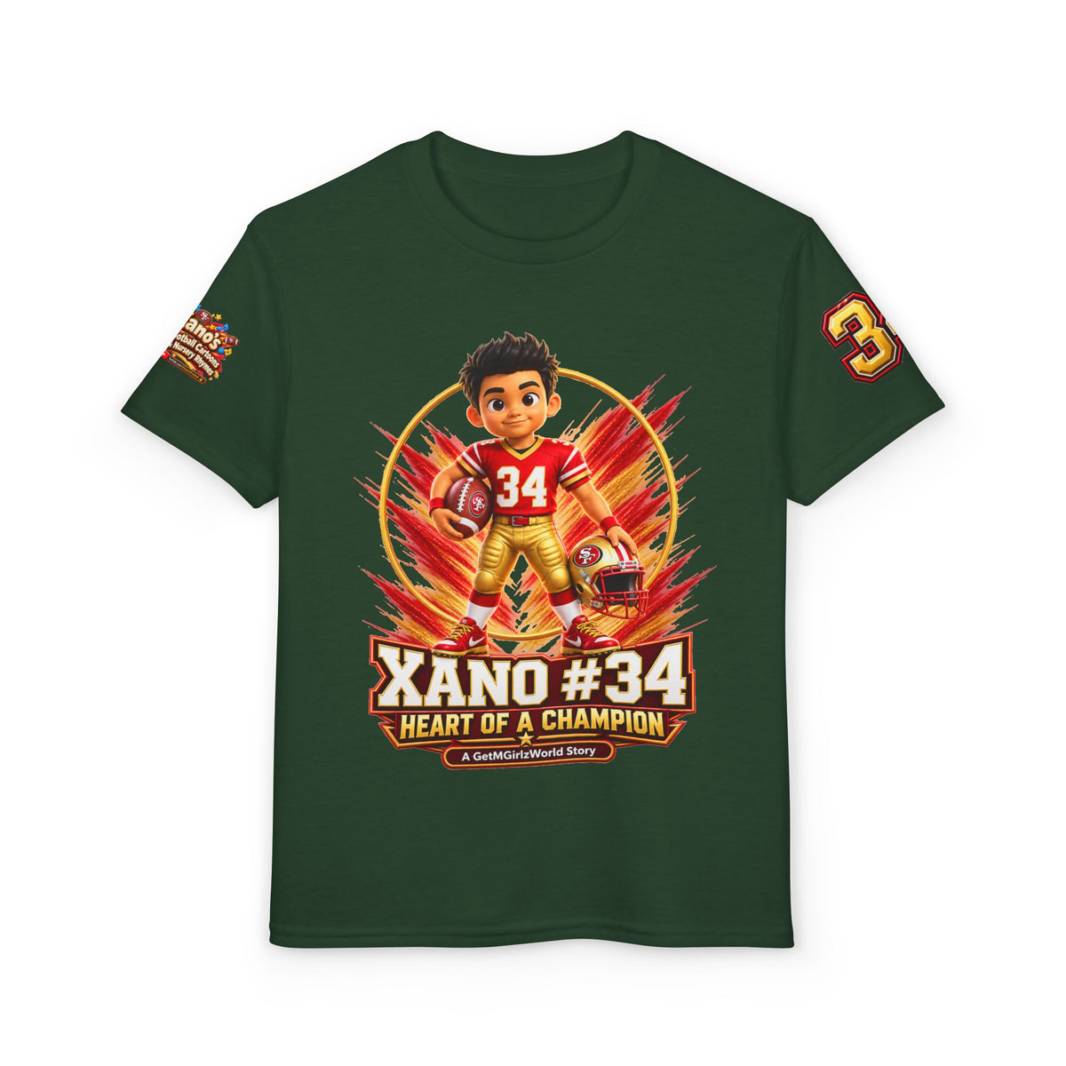 Youth Football Kid's T Shirt — "Xano #34: Heart of a Champion" Kids Tee