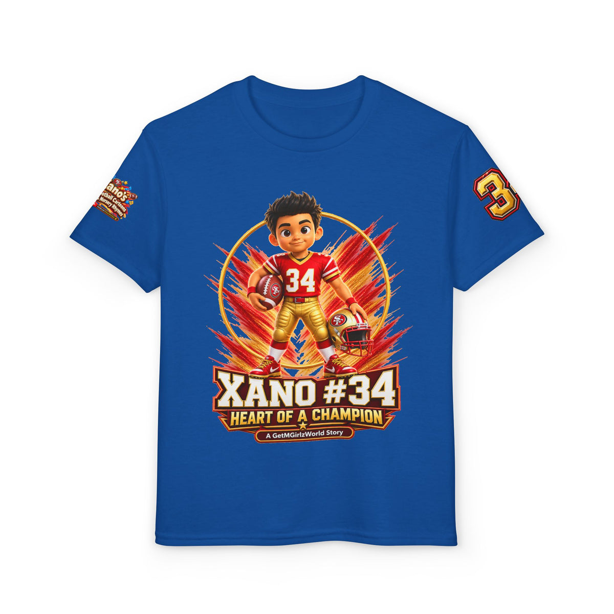 Youth Football Kid's T Shirt — "Xano #34: Heart of a Champion" Kids Tee