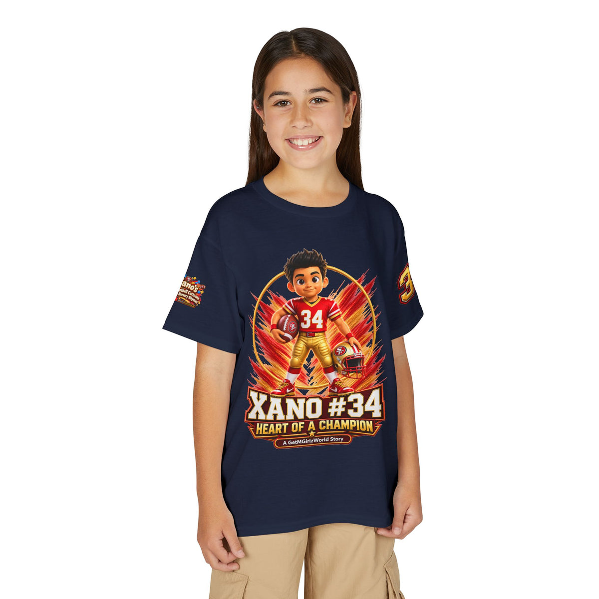 Youth Football Kid's T Shirt — "Xano #34: Heart of a Champion" Kids Tee