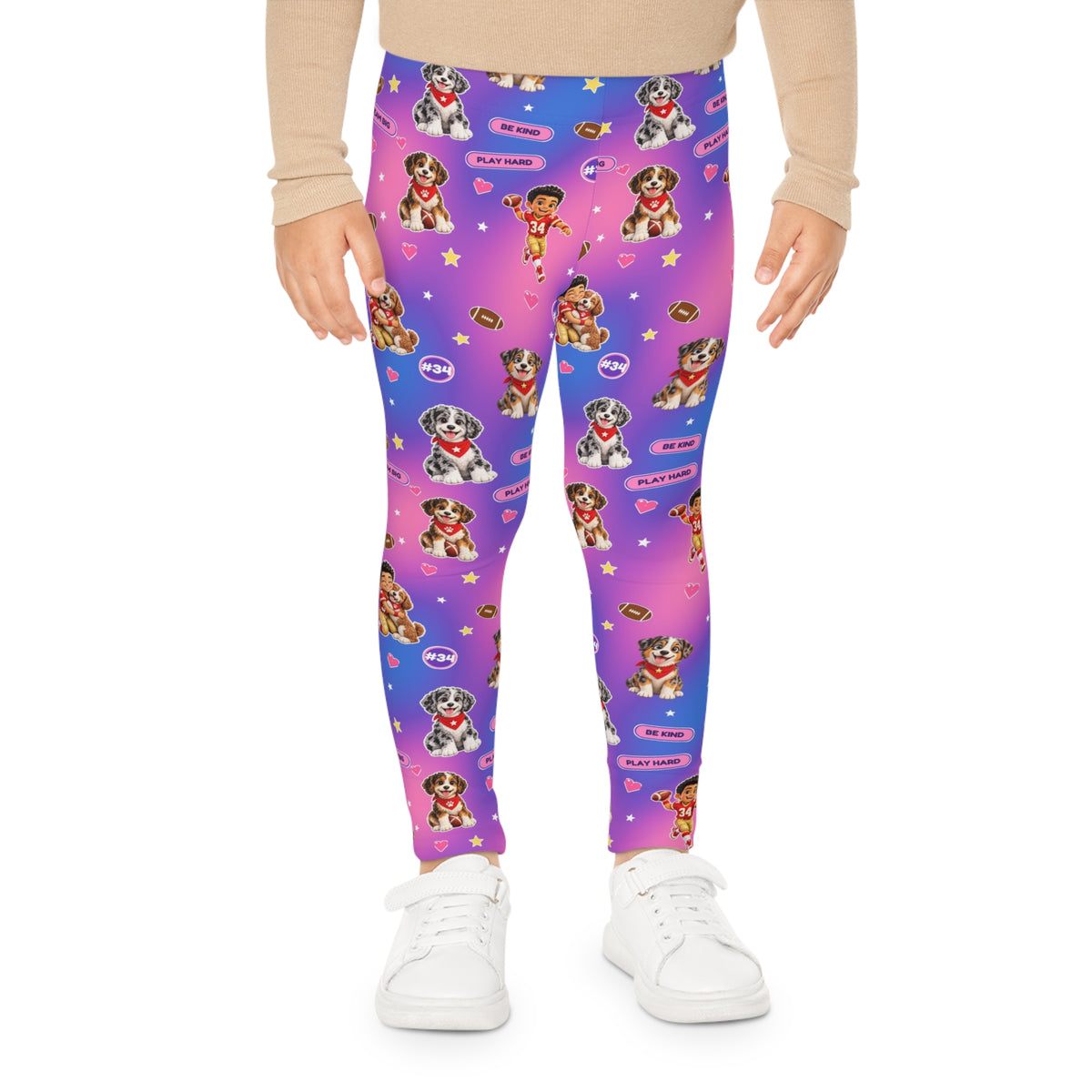Kids Leggings — Colorful Cartoon Puppy & Girl All-Over Print (Pink to Purple Gradient)
