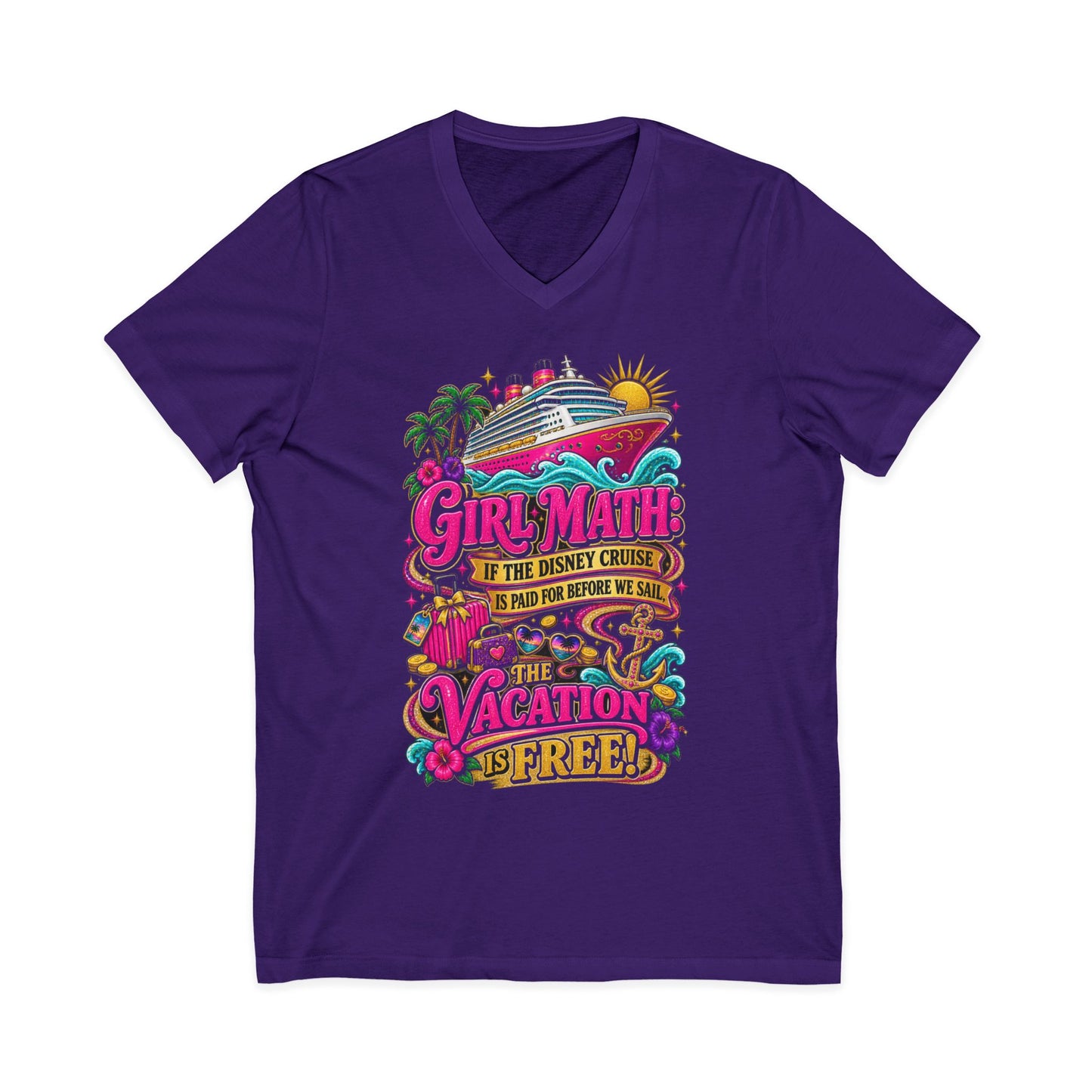 Cruise Vacation V-Neck Tee — "Girl Math" & "Sail Now" Graphic Shirt
