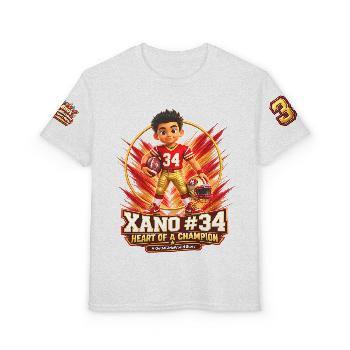Youth Football Kid's T Shirt — "Xano #34: Heart of a Champion" Kids Tee
