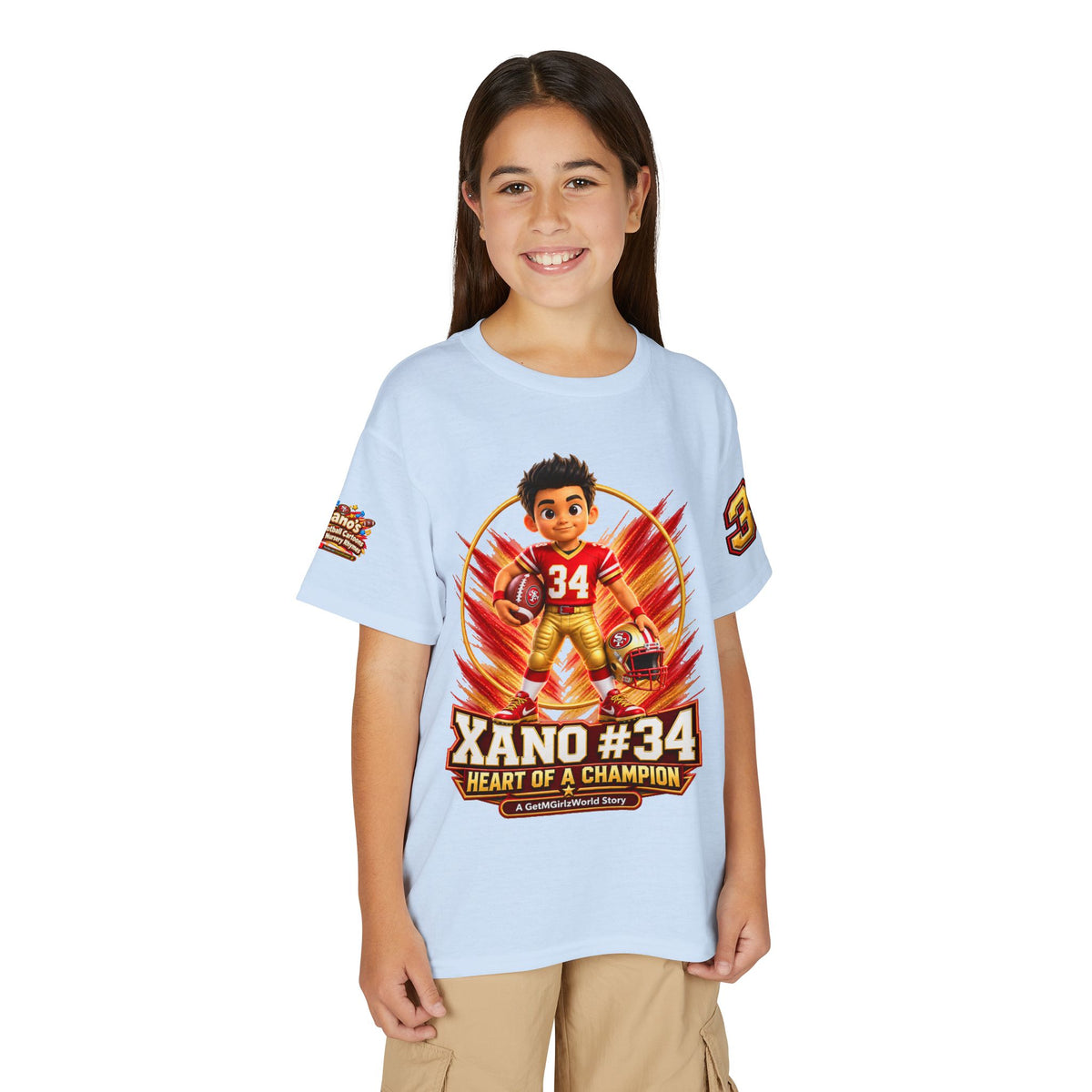 Youth Football Kid's T Shirt — "Xano #34: Heart of a Champion" Kids Tee