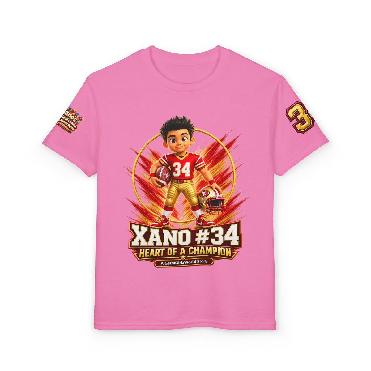 Youth Football Kid's T Shirt — "Xano #34: Heart of a Champion" Kids Tee