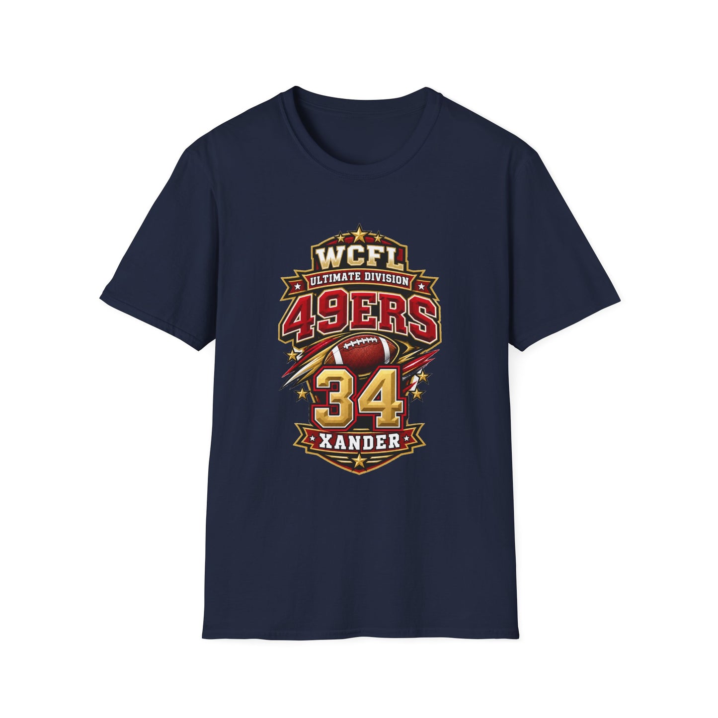 49ers WCFL Football Tee — Ultimate Division Jersey Shirt (Number 34 Xander)