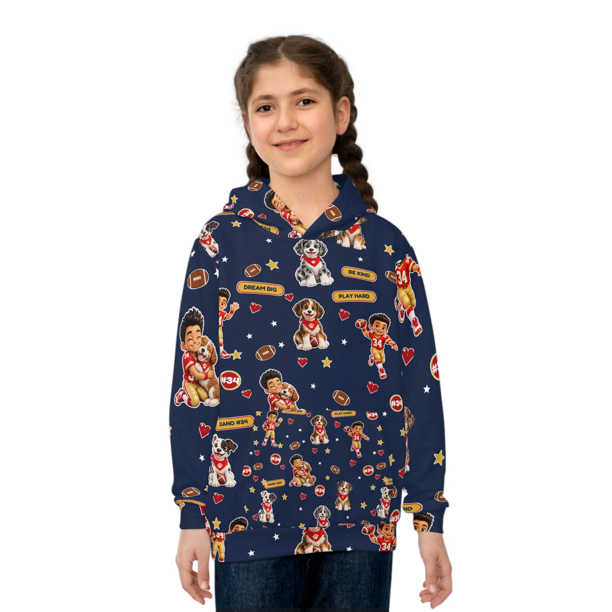 Kids Football Puppy Hoodie - Personalized Number #34 Pattern