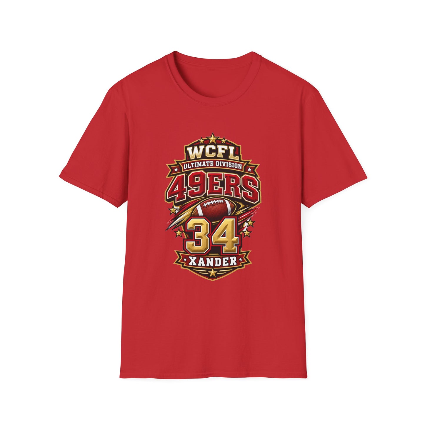 49ers WCFL Football Tee — Ultimate Division Jersey Shirt (Number 34 Xander)