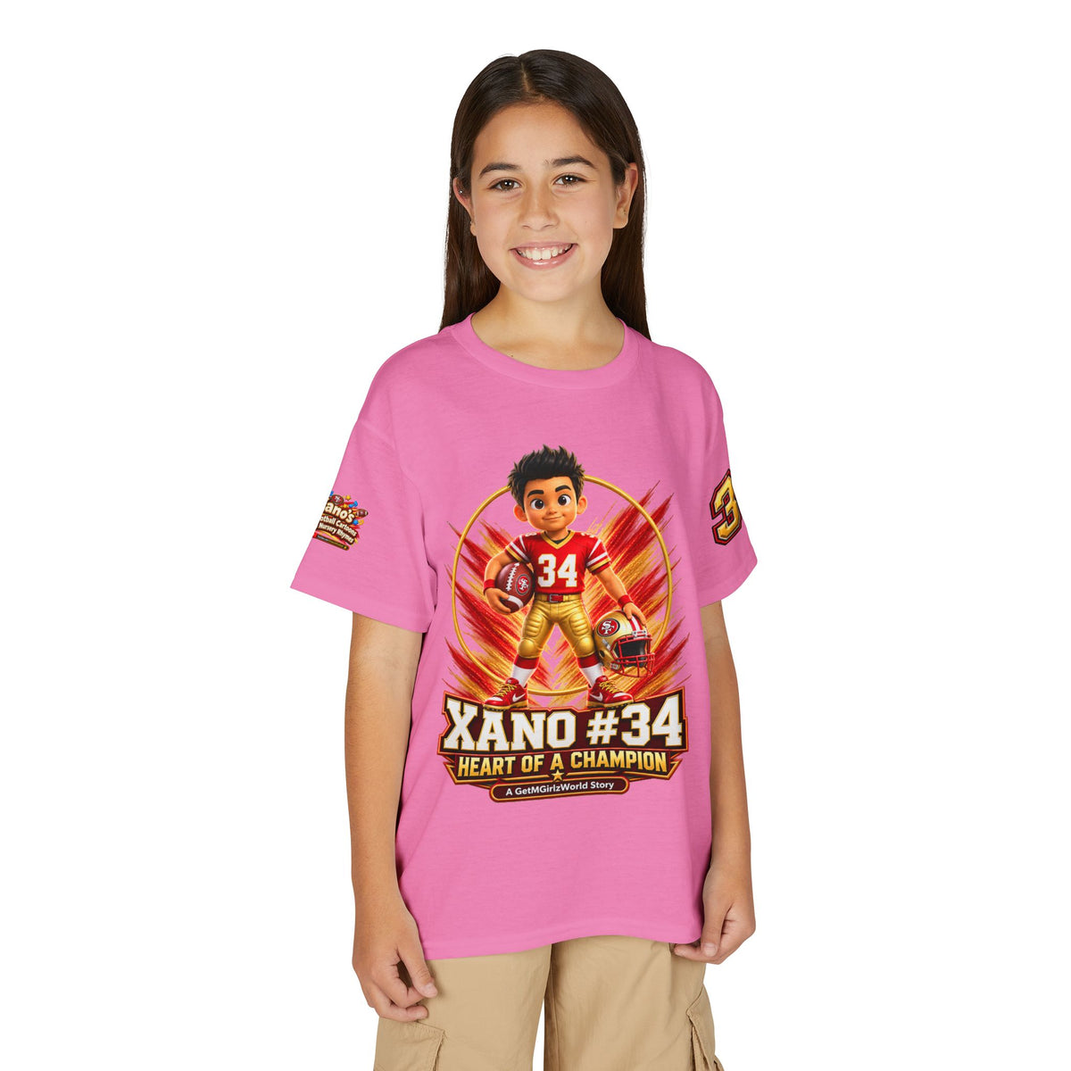 Youth Football Kid's T Shirt — "Xano #34: Heart of a Champion" Kids Tee