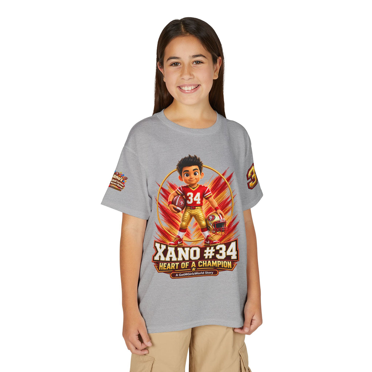 Youth Football Kid's T Shirt — "Xano #34: Heart of a Champion" Kids Tee