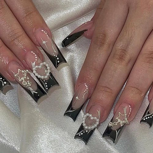 24Pcs Black Long Coffin False Nails Star Heart with Rhinestones French - Getmgirlzworld Shop