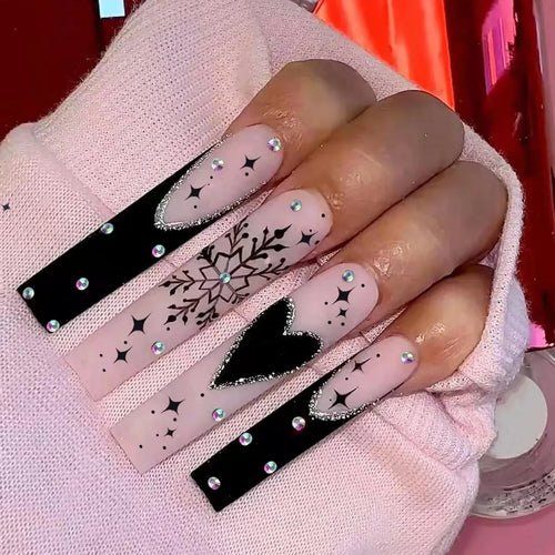 24Pcs Black Long Coffin False Nails Star Heart with Rhinestones French - Getmgirlzworld Shop