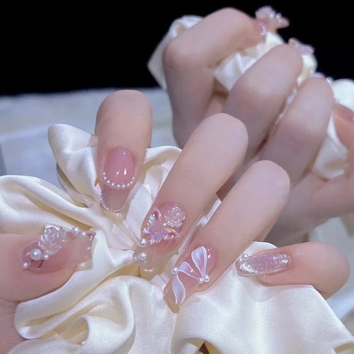 24pcs Pink Bow Heart Short Coffin Fake Nails With Glue Finished - Getmgirlzworld Shop