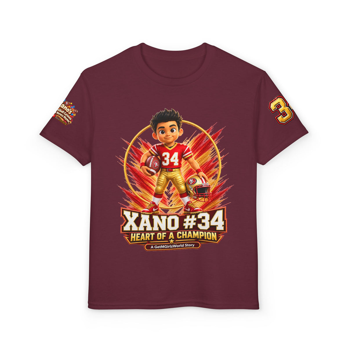 Youth Football Kid's T Shirt — "Xano #34: Heart of a Champion" Kids Tee