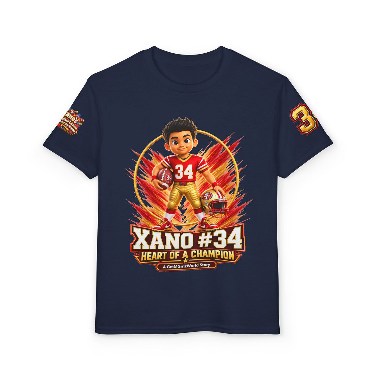 Youth Football Kid's T Shirt — "Xano #34: Heart of a Champion" Kids Tee