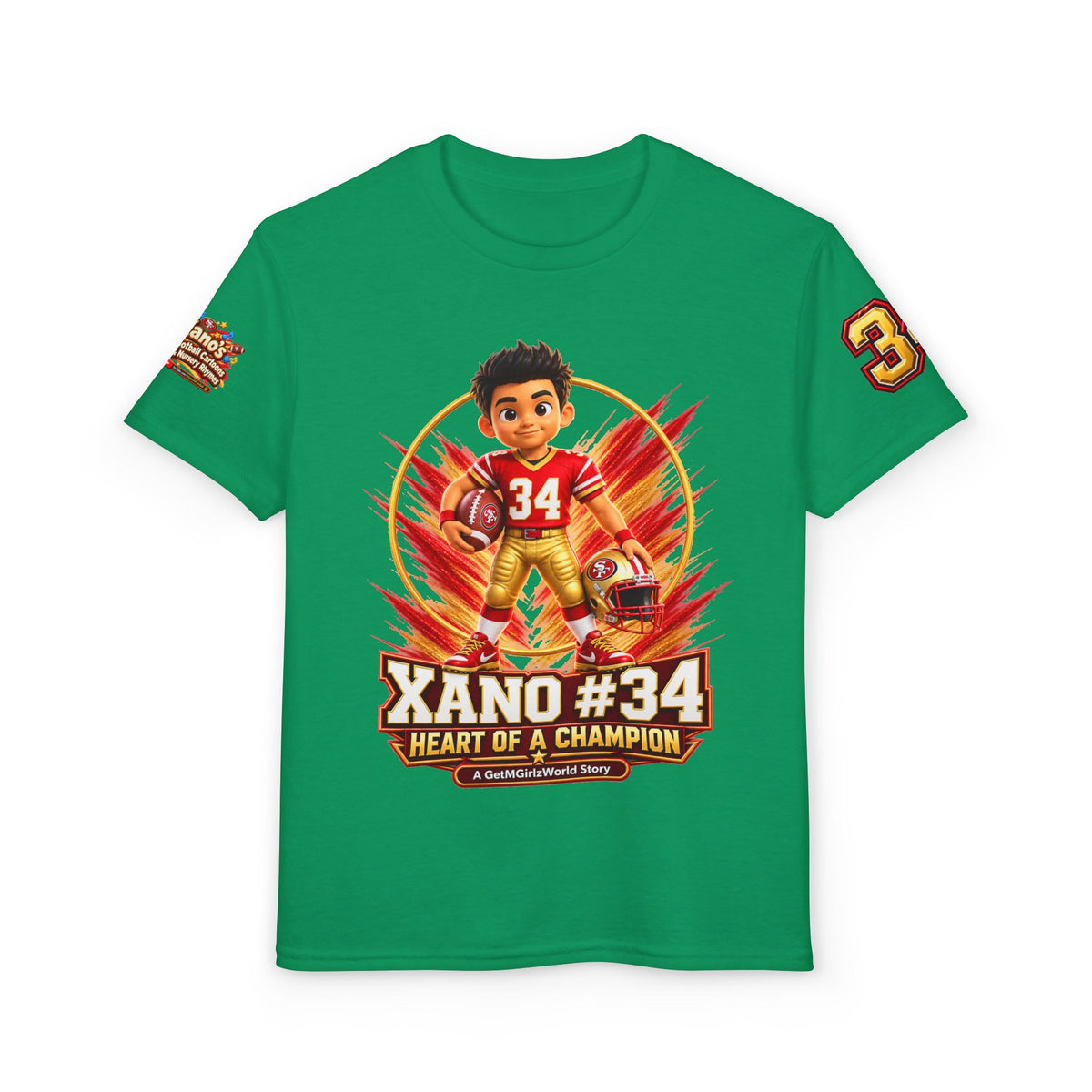 Youth Football Kid's T Shirt — "Xano #34: Heart of a Champion" Kids Tee