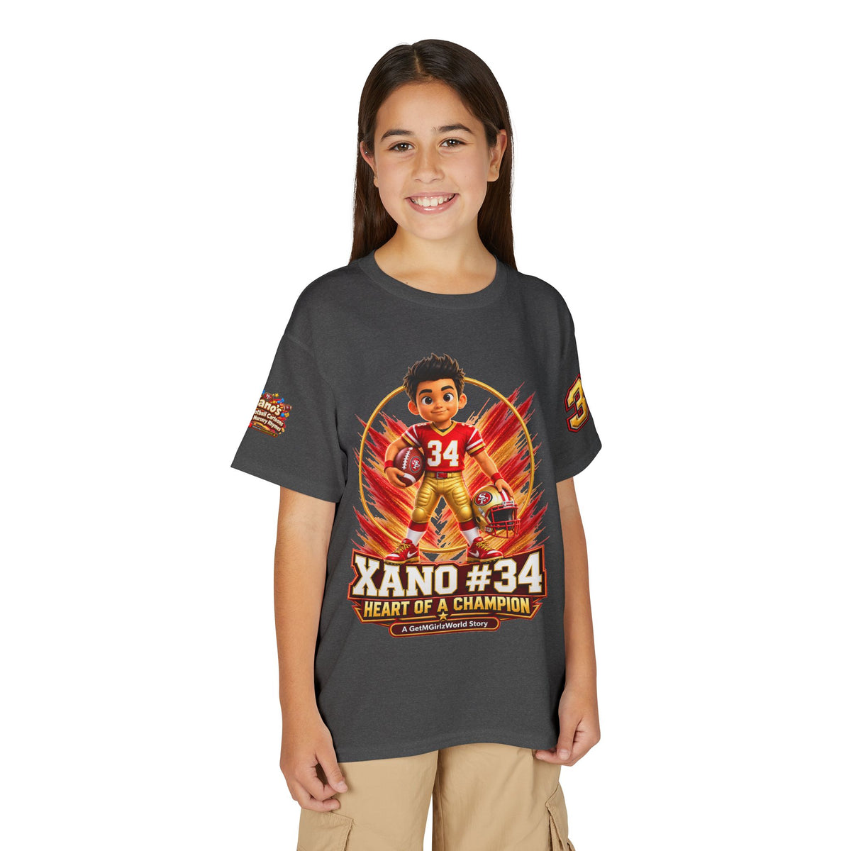 Youth Football Kid's T Shirt — "Xano #34: Heart of a Champion" Kids Tee