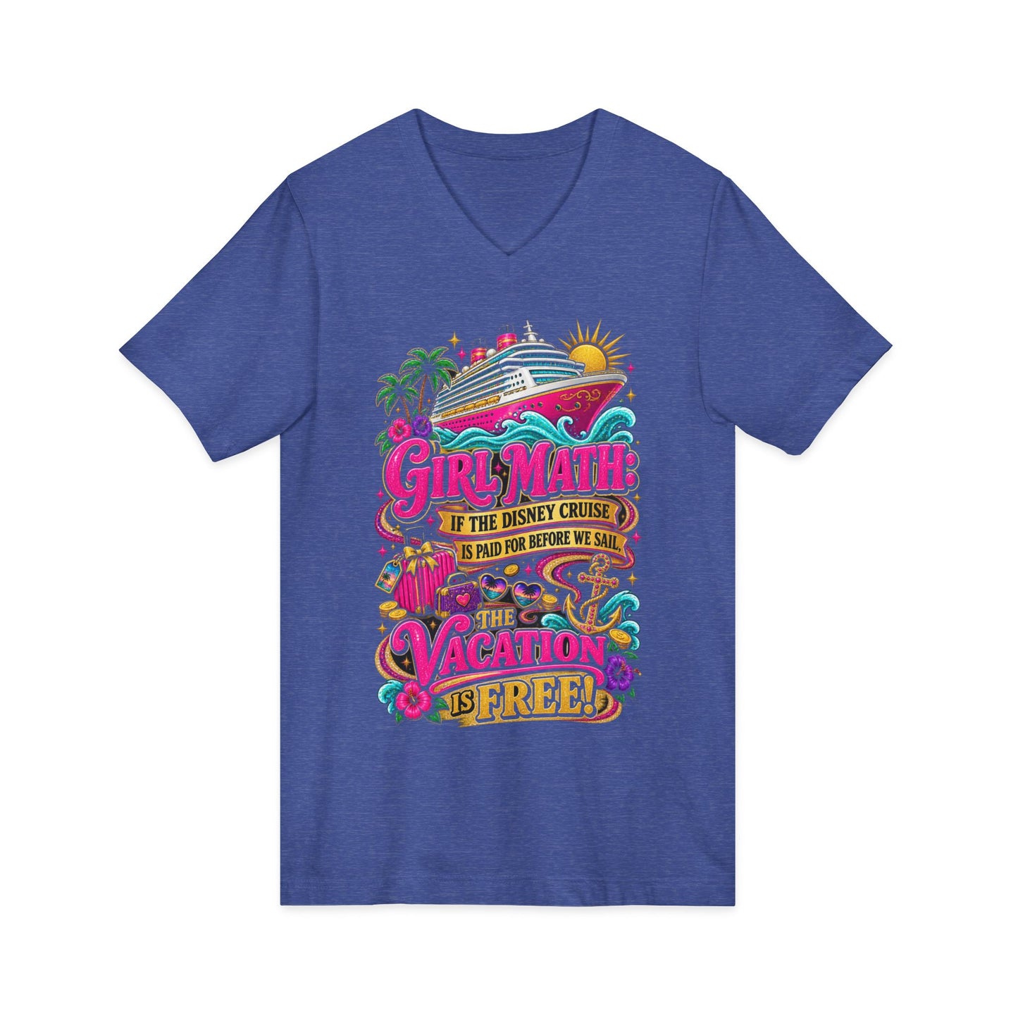 Cruise Vacation V-Neck Tee — "Girl Math" & "Sail Now" Graphic Shirt
