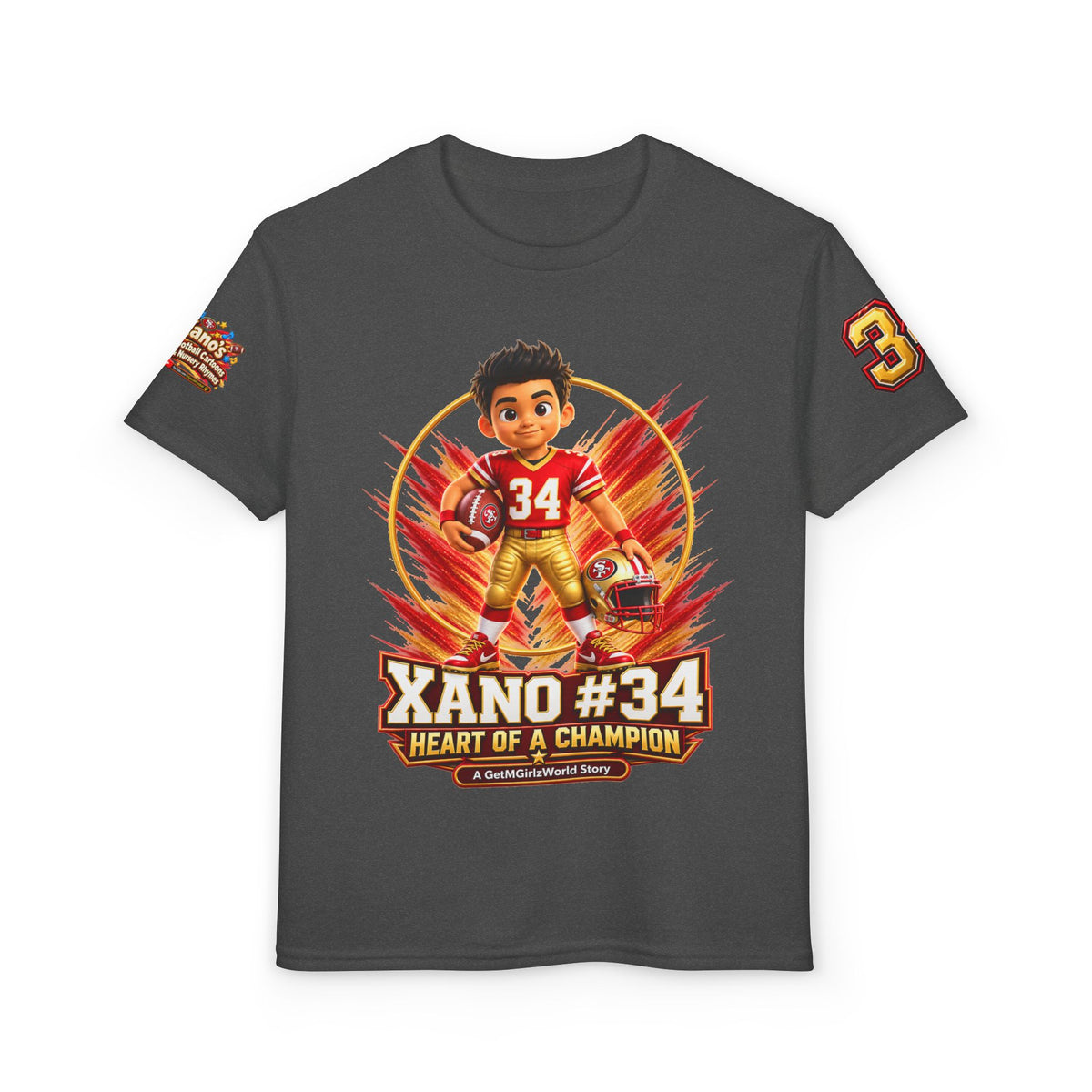 Youth Football Kid's T Shirt — "Xano #34: Heart of a Champion" Kids Tee