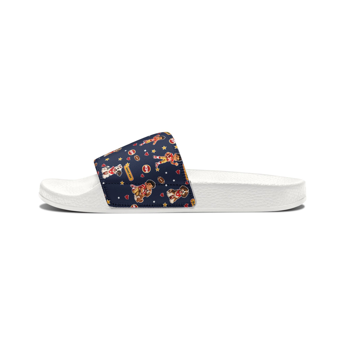 Youth Slides — Navy Football and Puppy Pattern Removable-Strap Sandals