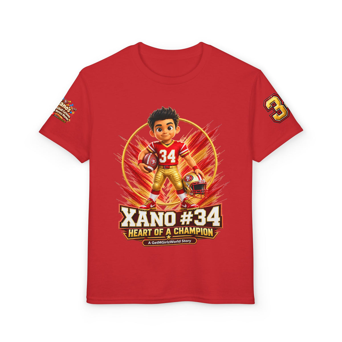 Youth Football Kid's T Shirt — "Xano #34: Heart of a Champion" Kids Tee