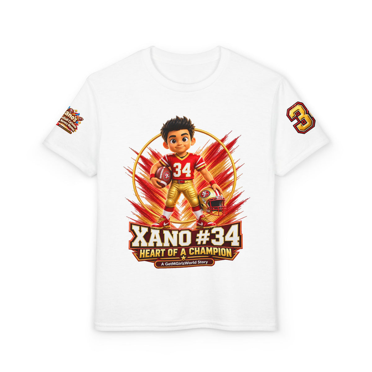Youth Football Kid's T Shirt — "Xano #34: Heart of a Champion" Kids Tee