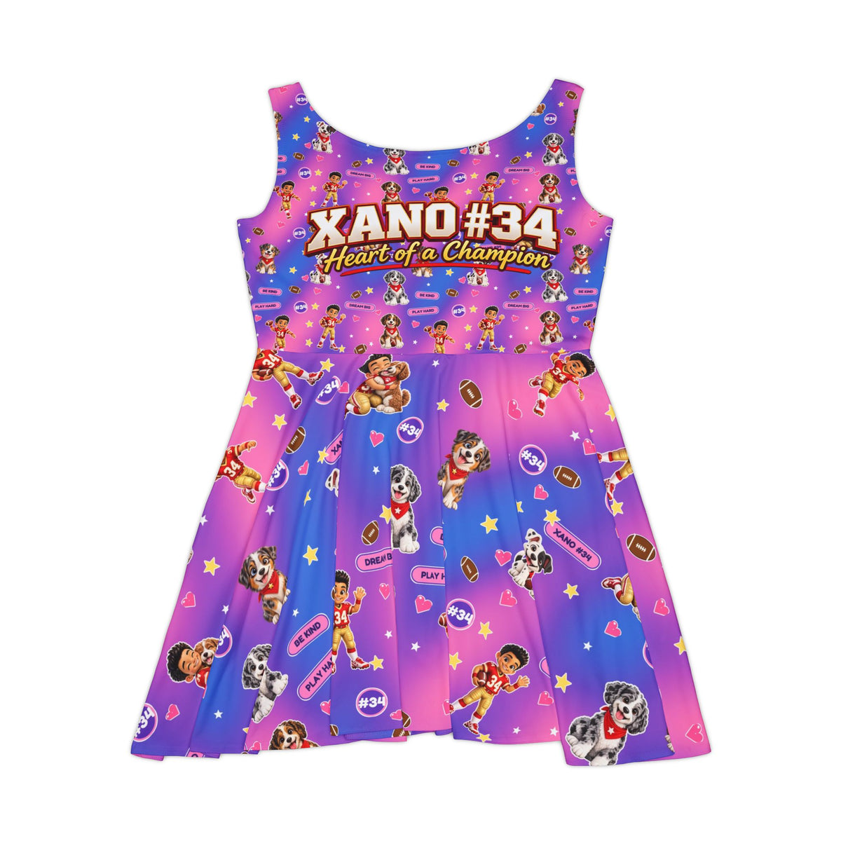 XANO #34 "Heart of a Champion" Women's Skater Dress — Vibrant Gamer/Cartoon Print