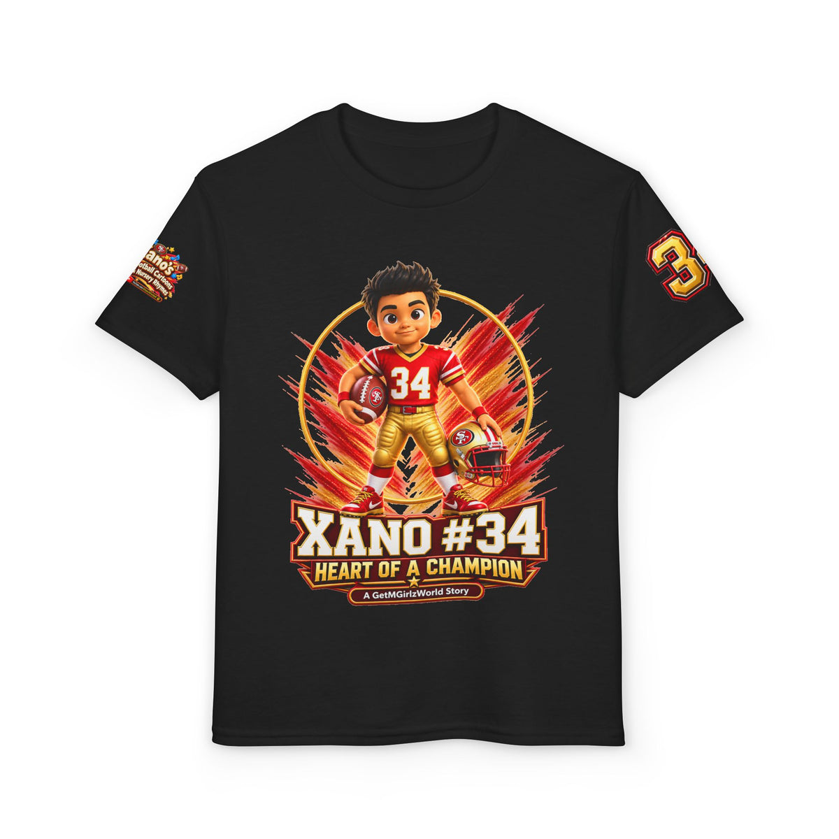 Youth Football Kid's T Shirt — "Xano #34: Heart of a Champion" Kids Tee
