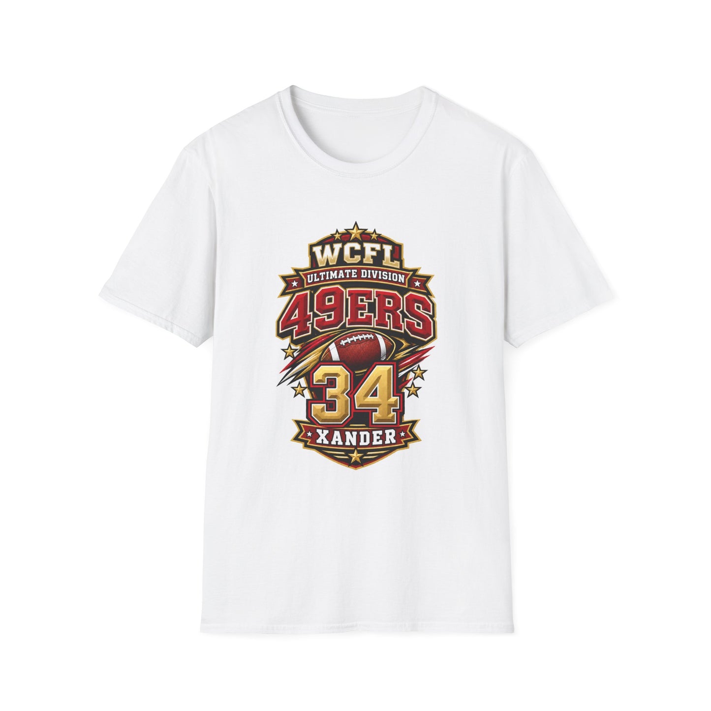 49ers WCFL Football Tee — Ultimate Division Jersey Shirt (Number 34 Xander)